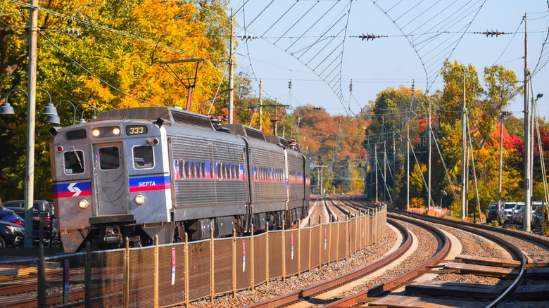 Septa train passing through Paoli in the fall