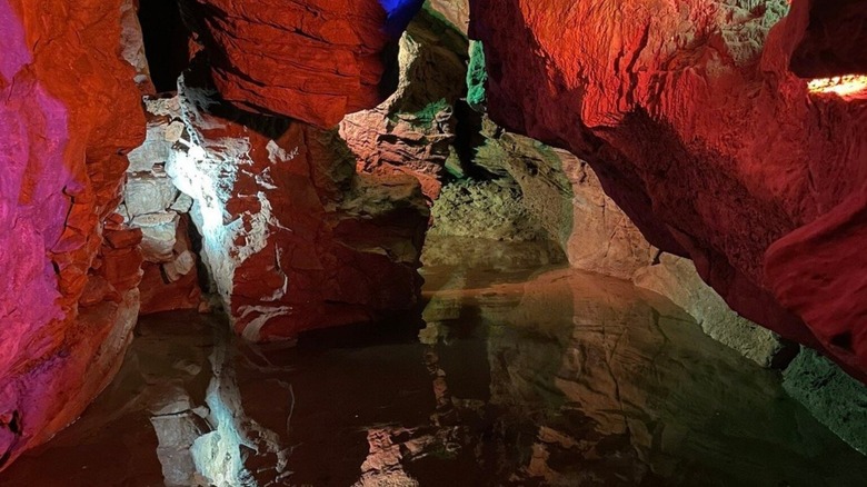 Colorful lights underground at Laurel Caverns State Park, Farmington, Pennsylvania