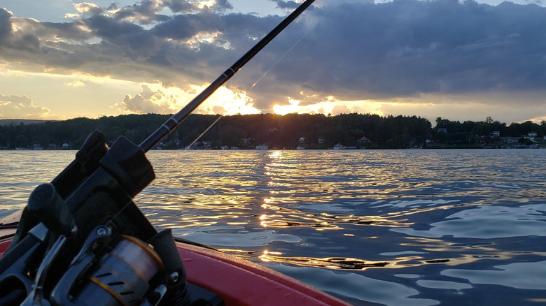 View from a boat with a fishing rod on Harveys Lake, Pennsylvania