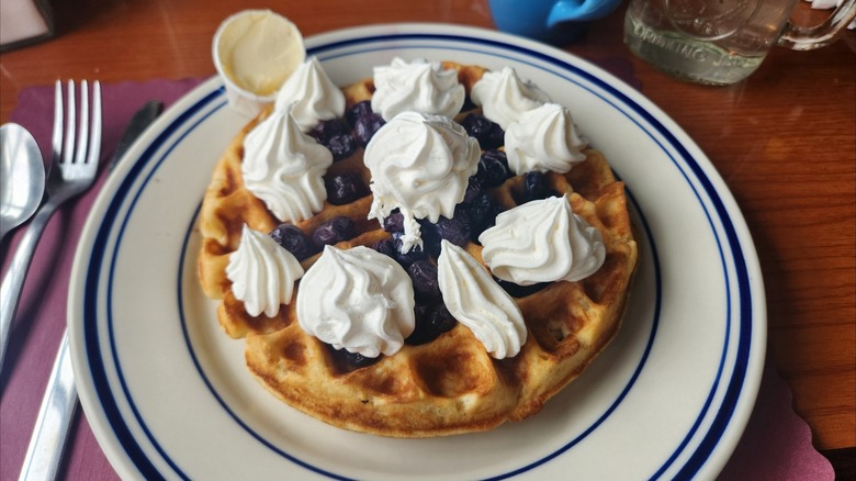 Waffle with blueberries and cream from Lakeside Skillet on Harveys Lake, Pennsylvania