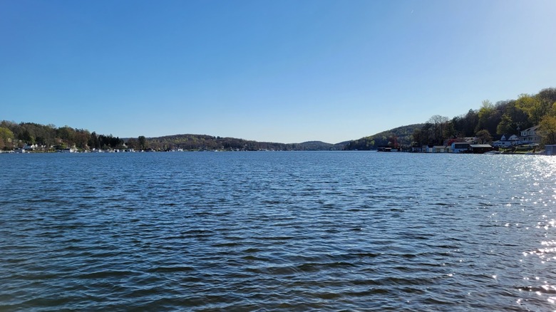 Harveys Lake, Pennsylvania, lined with homes on a sunny day
