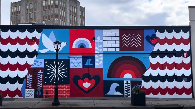 A red, white and blue mural in downtown Ardmore, Pennsylvania