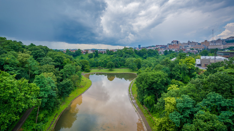 An overhead view of Panther Hollow Lake on a cloudy summer day in Pittsburgh