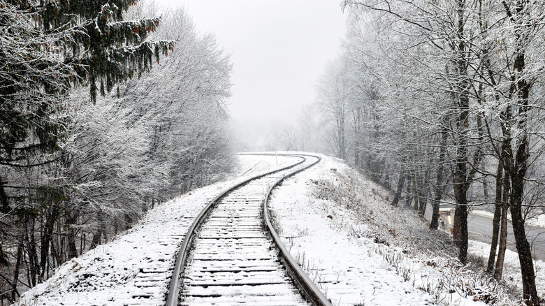 Train tracks in a snowy landscape