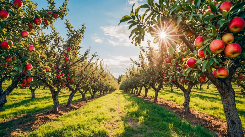 Sunlight shoots through an apple orchard