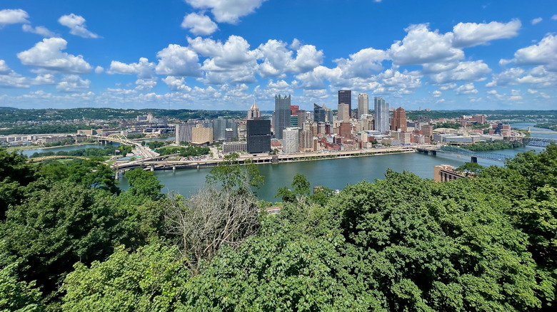 An aerial landscape of downtown Pittsburgh views the city from the south