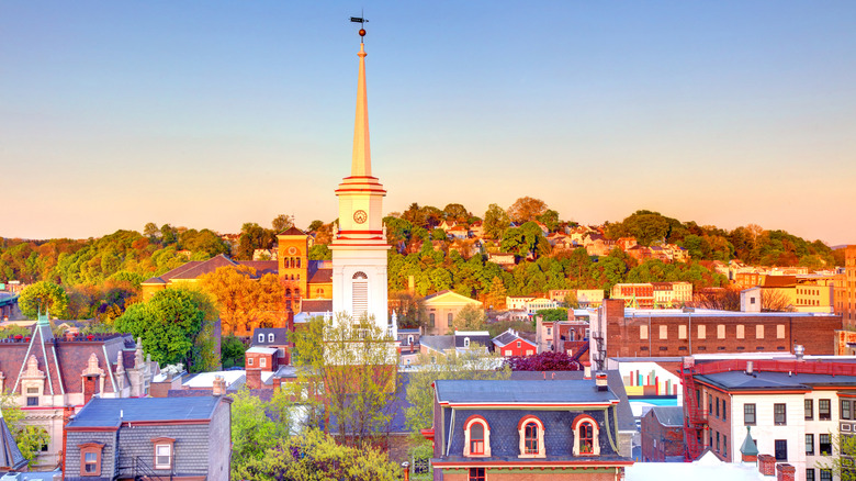 Buildings including a tower in Easton, Pennsylvania at sunset