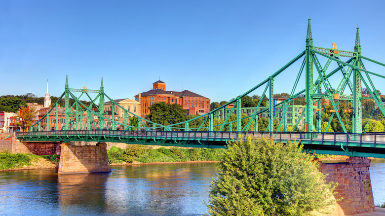 A view of the green Northampton Street Bridge in Easton, Pennsylvania