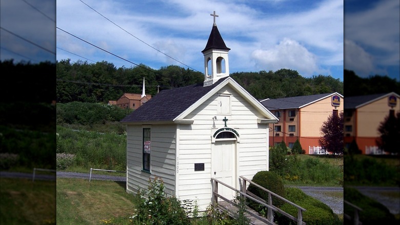 White exterior of Decker's Chapel in St Marys, PA