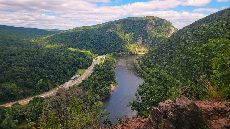 Aerial view of trees and road over the Delaware Water Gap