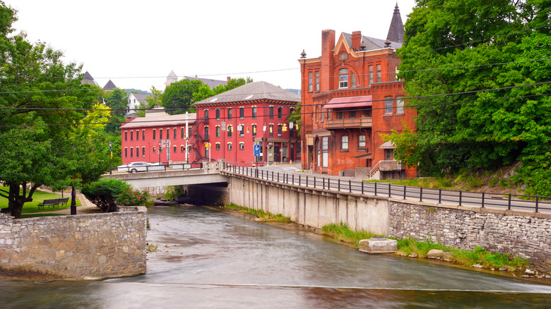Red brick buildings and Spring Creek in downtown Bellefonte, Pennsylvania