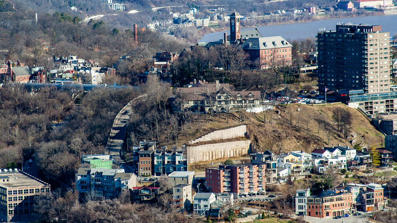 An overlook in Cincinnati of the river and buildings
