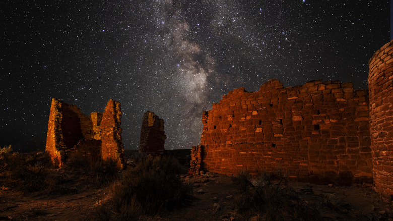 A starry night sky over Ancient Puebloan ruins at Hovenweep National Monument