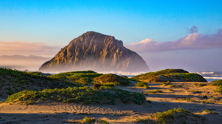 View of the iconic Morro Rock at Morro Bay, from the shore