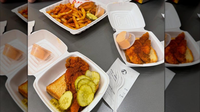Meals from Asad's Hot Chicken served in styrofoam boxes