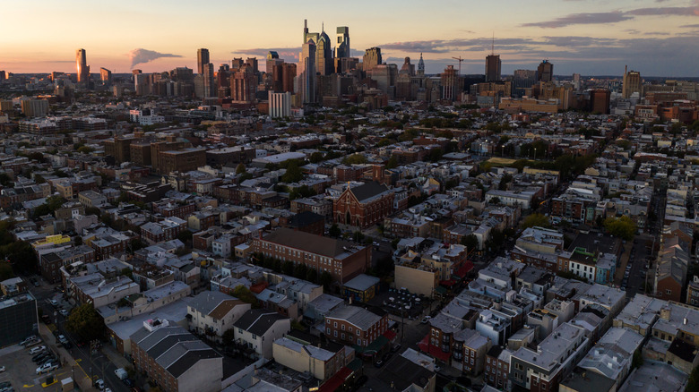 Aerial view of Philadelphia's skyline at sunset from West Passyunk
