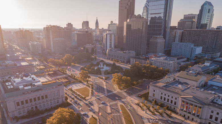 Logan Square in Philadelphia, with a fountain at its center and gardens surrounding it