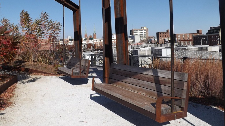 Swings and foliage at Rail Park in Philadelphia