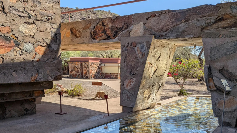 An outdoor sculpture and fountain at Frank Lloyd Wright's Taliesin West