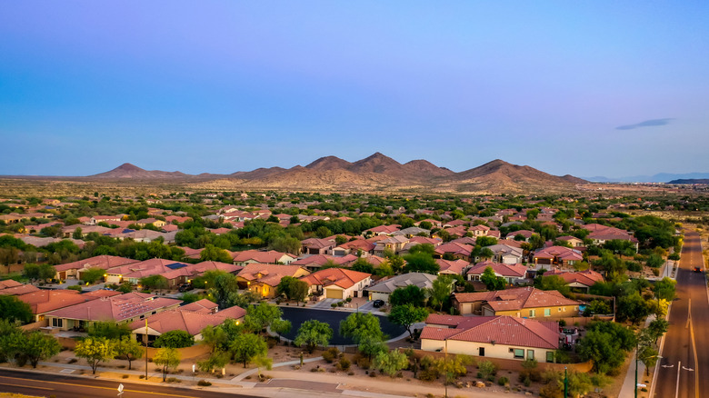 Aerial shot of Anthem community at dusk