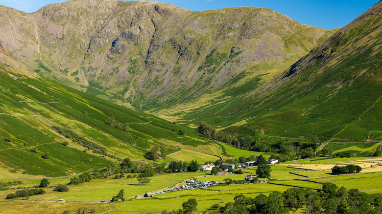 Wasdale Head houses at the foot of green fells and mountains