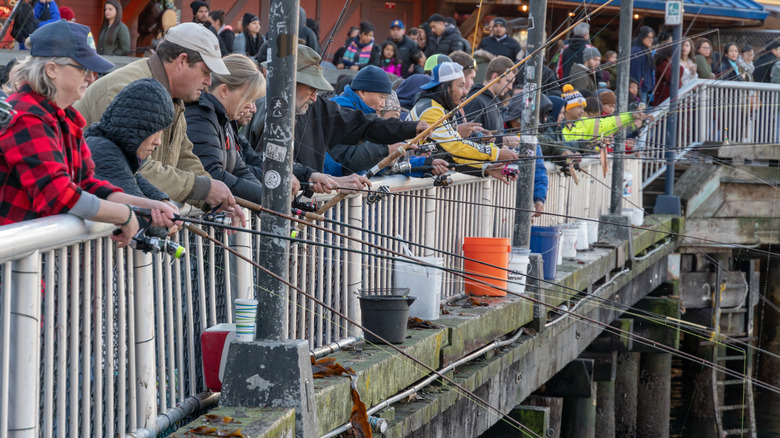 Pier crowded with fishermen