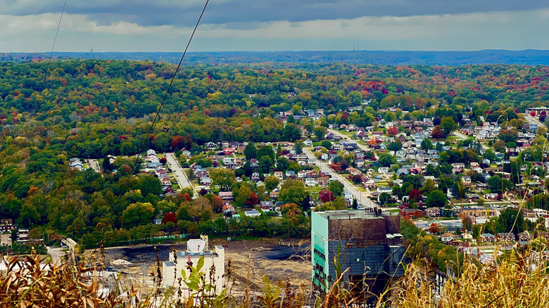 Aerial view of Plum from the Barking Slopes Conservation Area, with autumn trees surrounding streets of single-family homes, an industrial area in the foreground, and treed hills in the background, under a cloudy sky