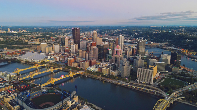 Drone shot of downtown Pittsburgh at night