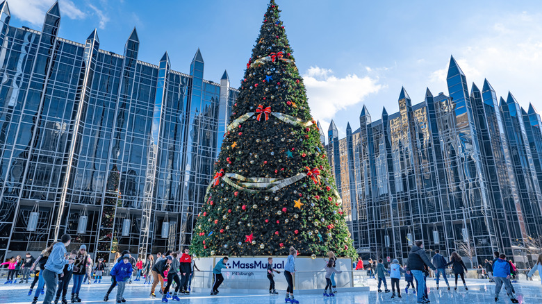 Christmas tree and skating rink at PPG Place, with the glass towers of the PPG Building in the background