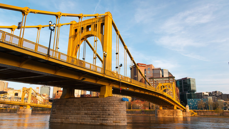 A view of the Roberto Clemente Bridge over the Allegheny River during daytime