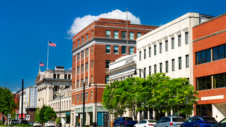 Brick buildings line the street in downtown Pittsfield, Massachusetts