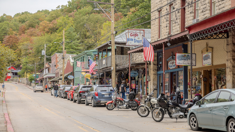 Downtown Eureka Springs on S Main Street on a cloudy day