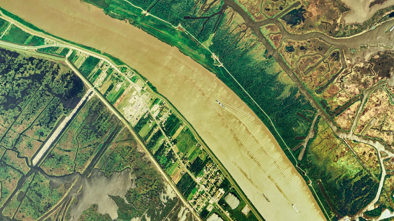 An aerial view of Louisiana along a river