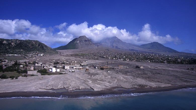 Aerial shot of Plymouth, Montserrat, after the volcanic decimation of the 1990s