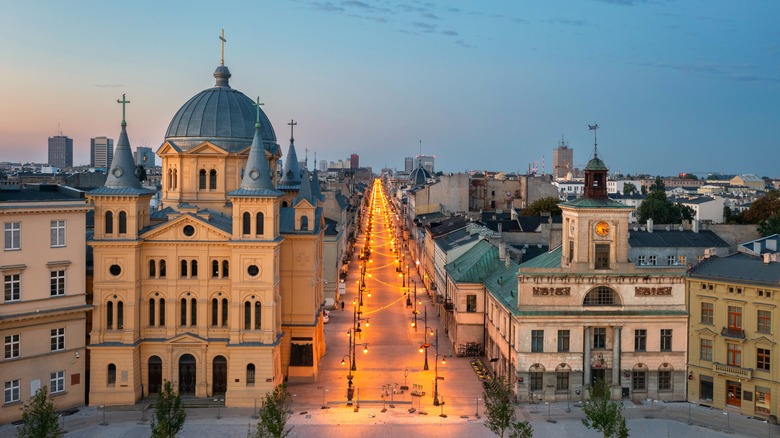 Łódź city center with Piotrkowska street at dawn, Poland
