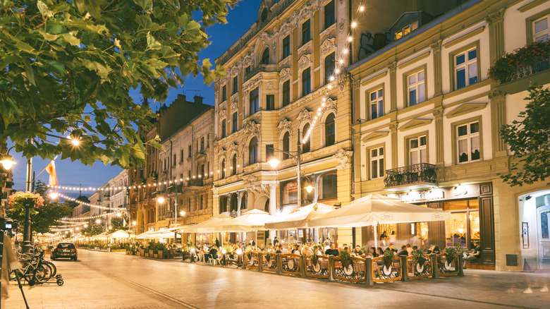 Piotrkowska Street lined with cafes, Łódź, Poland