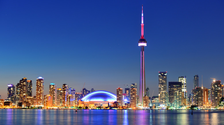 CN Tower in Toronto, Canada lit up at night