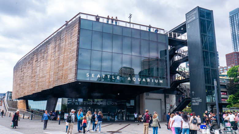 View of the Seattle Aquarium Ocean Pavilion with groups of people gathered outside.