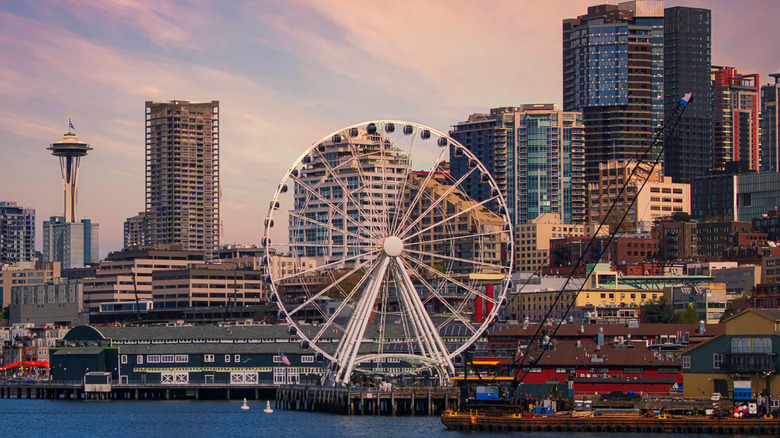 The Seattle Great Wheel ferris wheel on the Seattle waterfront, with buildings in the background.