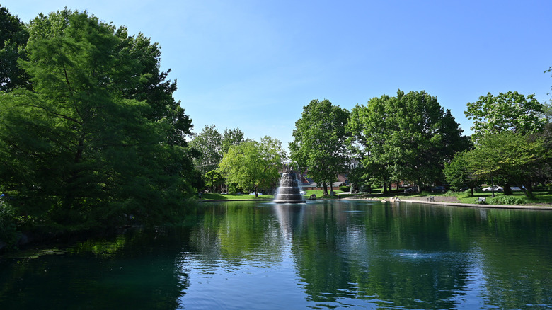 View of the pond and fountain in Goodale Park in Columbus, Ohio