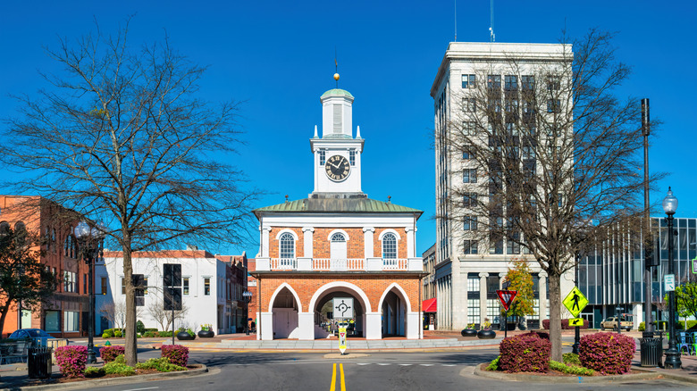 Downtown square with clock tower in Fayetteville, North Carolina