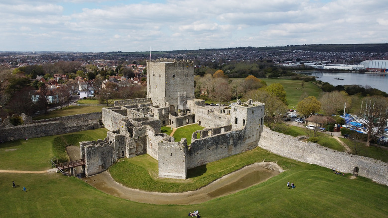 Portchester Castle overlooking the coastline in Portchester, England