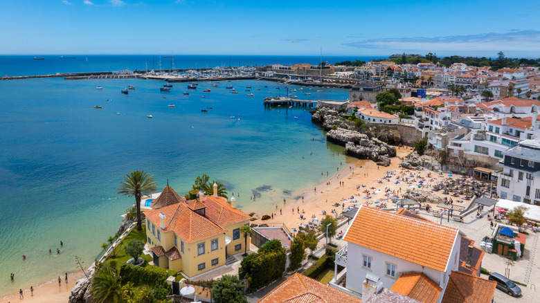 Aerial view of beaches and red roofs in Cascais, Portugal