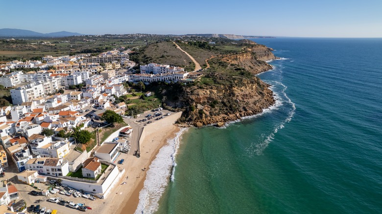 Areial view of beautiful Praia do Burgau (Burgau beach), located in Algarve, Portugal