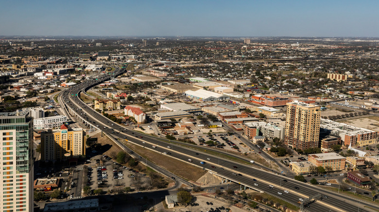 An overhead shot of the freeway and the sprawl of San Antonio, Texas