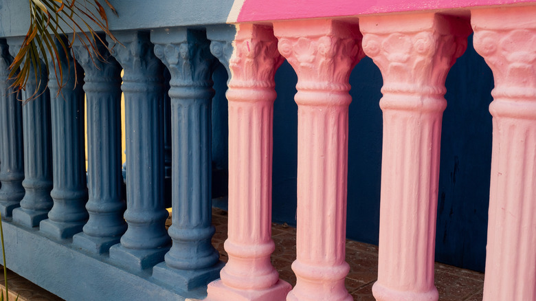 Pink and blue railings in Yauco, Puerto Rico
