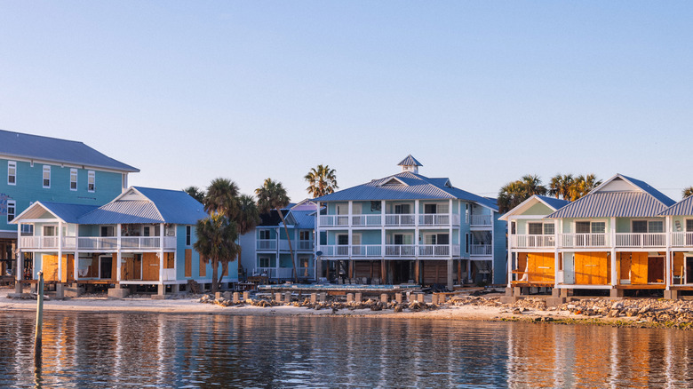 Cedar Key waterfront buildings at sunset