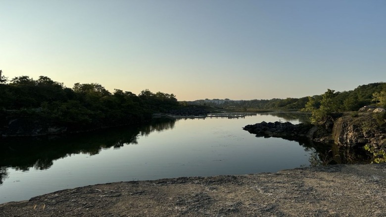 An overview of a lake in Quarry Trails Metro Park
