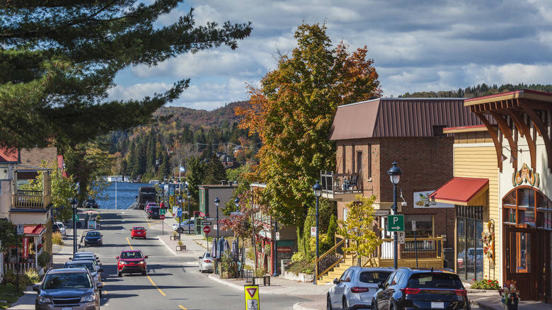 A downtown area with a lake in the background