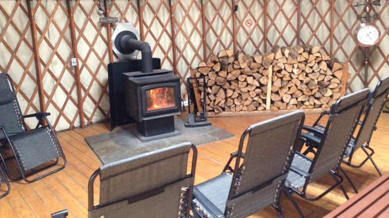 Inside a heated yurt at Spa Bolton in Quebec